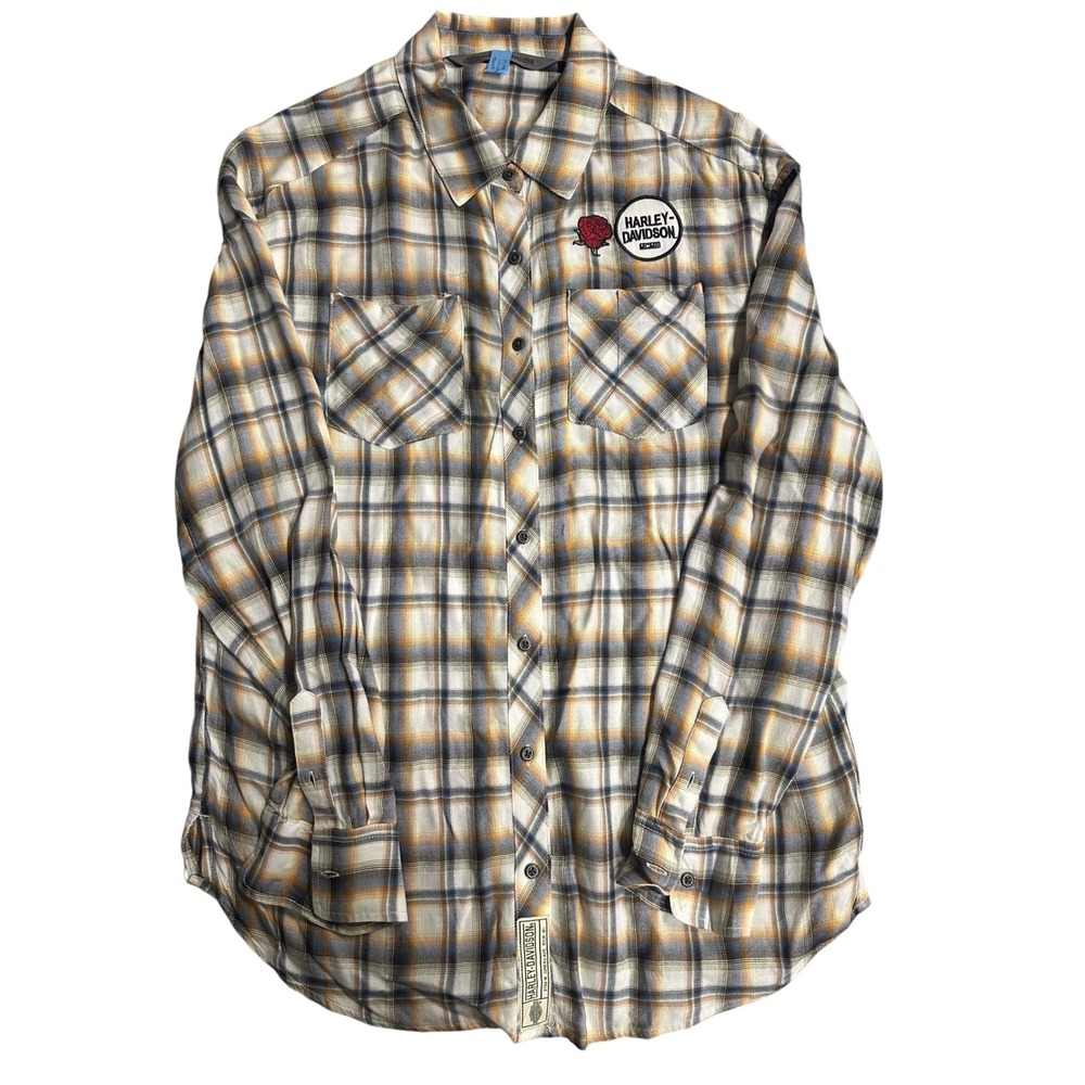 Harley Davidson Womens‎ Plaid Flannel Shirt Rose Patch Graphic Button Up Size S